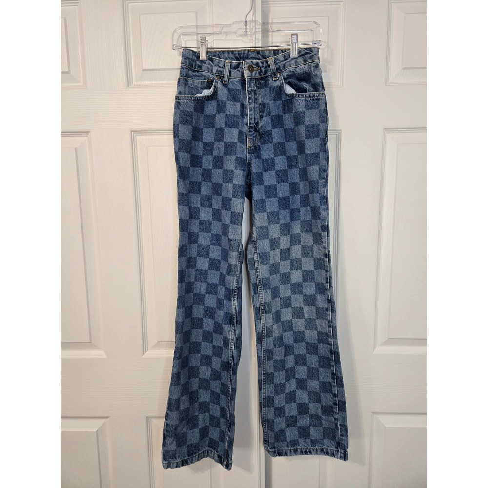 The Ragged Priest Checkerboard Wide Leg Jeans Blue‎ Denim High Rise Size 26